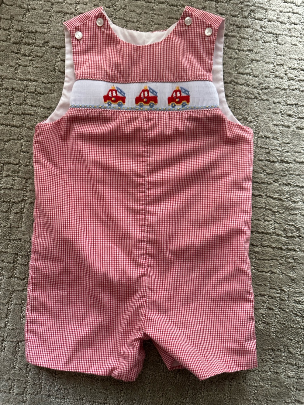 Edgehill Collection Red and White fire truck Gingham Jumper